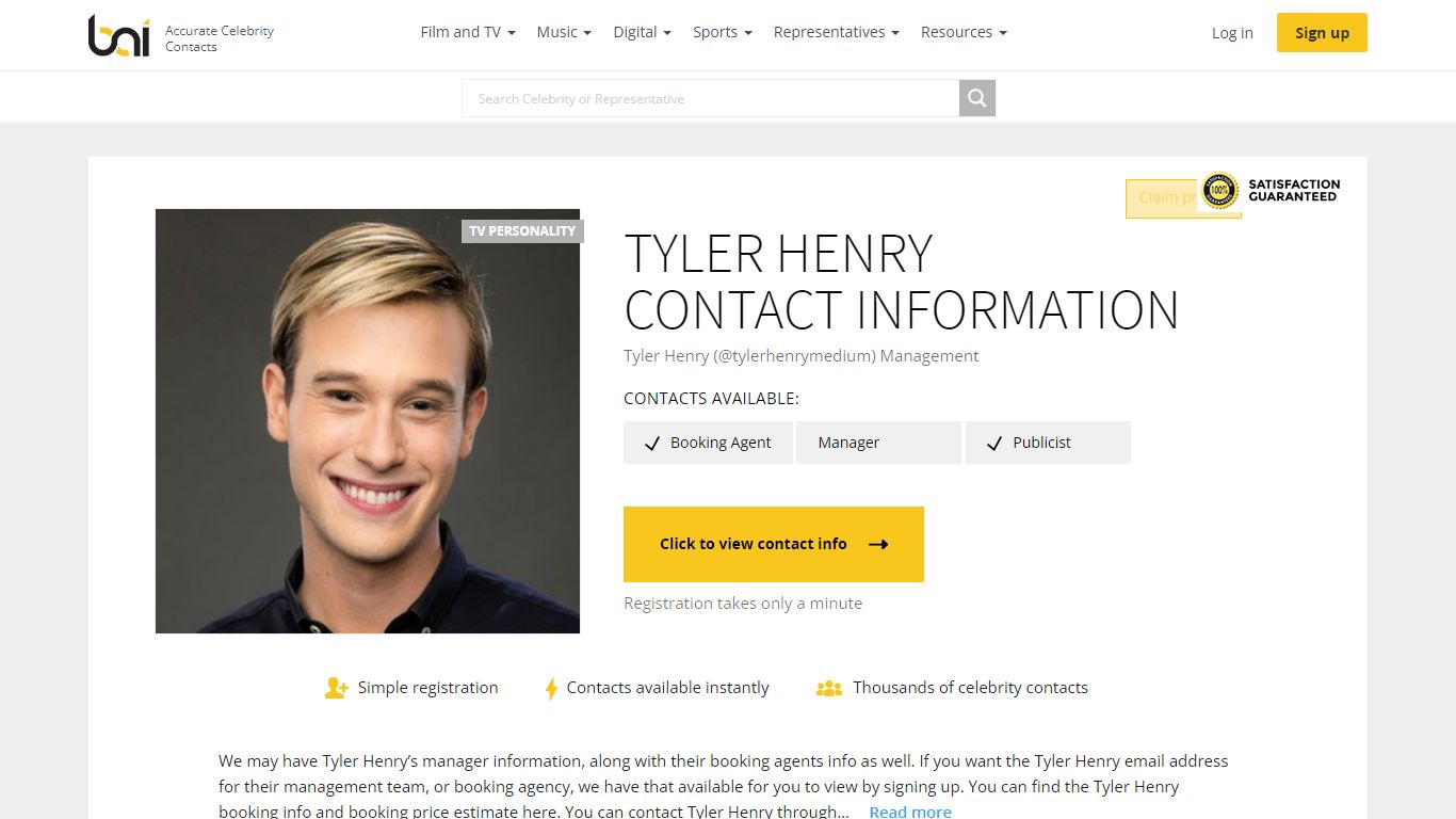 Tyler Henry - Agent, Manager, Publicist Contact Info - Booking Agent Info